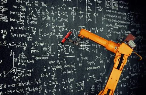 Robot arm AI analyzing mathematics for mechanized industry problem solving Foto stock