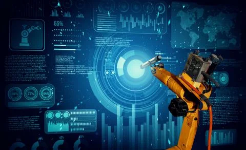Robot arm AI analyzing mathematics for mechanized industry problem solving Stock Photos