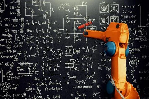 Robot arm AI analyzing mathematics for mechanized industry problem solving Foto stock