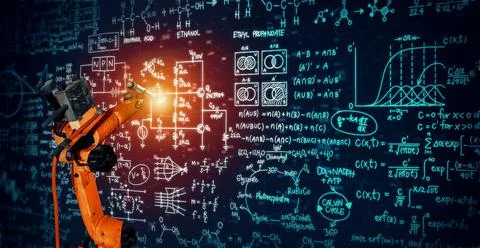 Robot arm AI analyzing mathematics for mechanized industry problem solving 스톡 사진