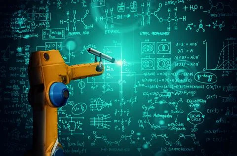 Robot arm AI analyzing mathematics for mechanized industry problem solving Stock Photos