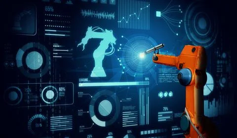 Robot arm AI analyzing mathematics for mechanized industry problem solving Foto stock
