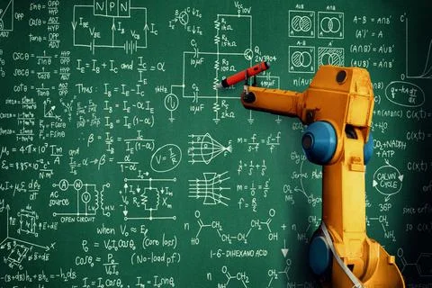 Robot arm AI analyzing mathematics for mechanized industry problem solving Foto stock