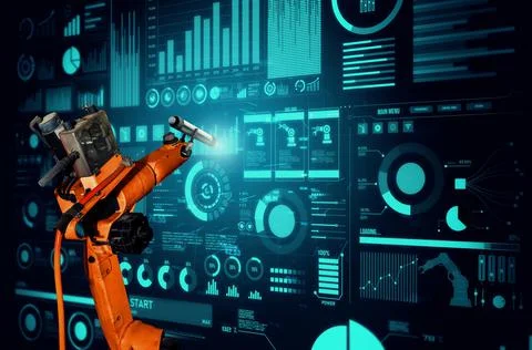 Robot arm AI analyzing mathematics for mechanized industry problem solving Stock Photos