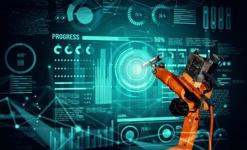 Robot arm AI analyzing mathematics for mechanized industry problem solving Foto stock