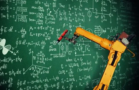 Robot arm AI analyzing mathematics for mechanized industry problem solving Stock Photos