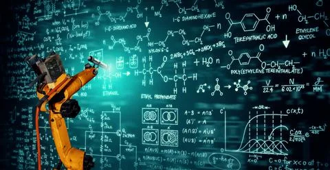 Robot arm AI analyzing mathematics for mechanized industry problem solving Stock Photos