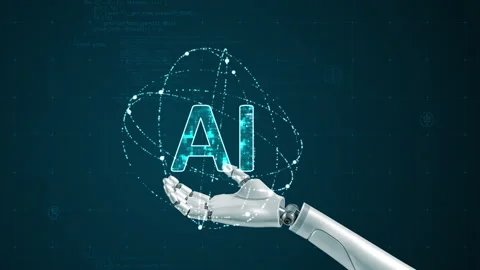 Robot arm and Blue digital AI logo with particle ring circle orbit rotation 스톡 동영상 304265126