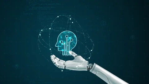 Robot arm and Blue digital robot head with particle ring circle orbit rotation Stock Footage 308799682