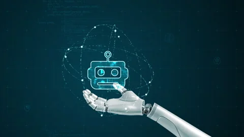 Robot arm and Blue digital robot head with particle ring circle orbit rotation o Stock Footage 308799725