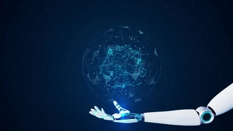 Robot arm and futuristic graphical user interface screen cyber network, the Stock Footage 278261194