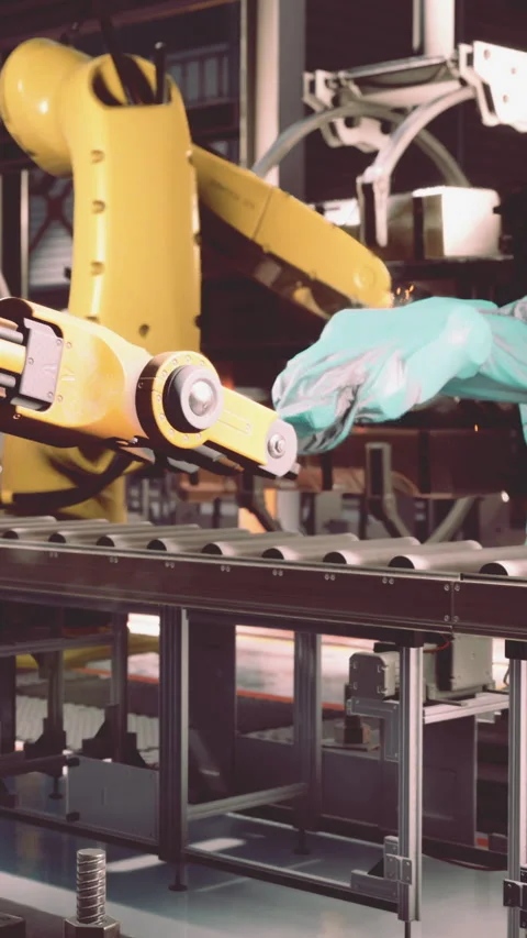 Robot arm and human hand working together in factory setting during daylight Stock Footage 338344857