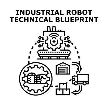 Robot arm and human hand connecting inside a gear, illustrating manufacturing Illustrazione stock