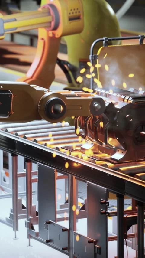 Robot arm assembles car parts in factory during daytime work shift Stock Footage 339039620
