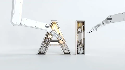 The robot arm is assembling the word AI, Artificial Intelligence Stock Footage 234982934