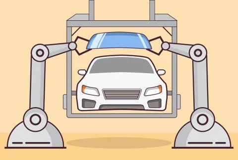 Robot arm assembly car.Factory line.Installation of a windshield. 스톡 일러스트