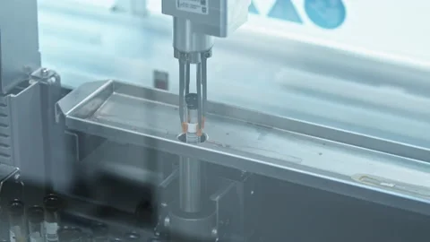 A robot arm of an automated lab picking up a test tube and putting it in a hole Stock Footage 232687274