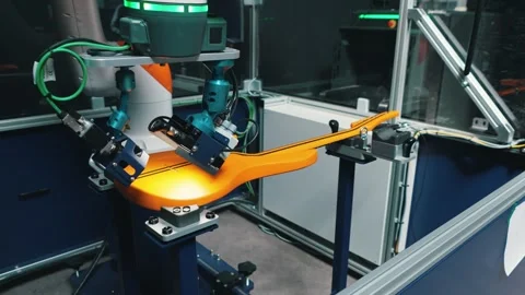 Robot arm checking the guitar color in the factory, guitar production 库存影片 274474840
