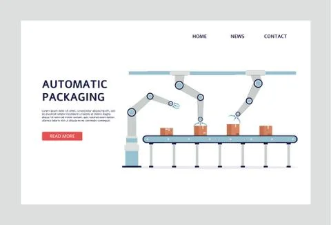 Robot arm conveyor belt - automatic cardboard box packaging system. 스톡 일러스트