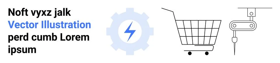 Robot arm coordinates assembling an electric gear beside a shopping cart. Ide Stock Illustration