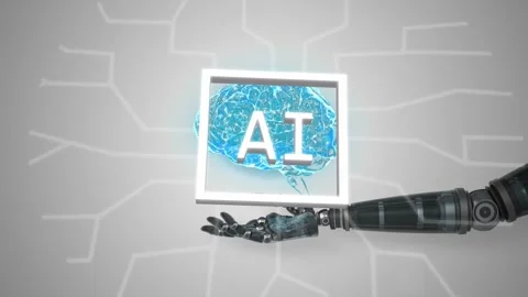 Robot arm entering right building square frame brain fading AI appearing network Stock Footage 334337481