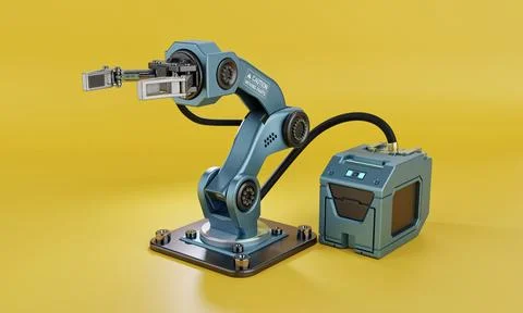 Robot arm with hand grip and power supply for manufacturing industrial plan.. Stock Photos