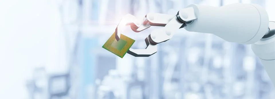 Robot arm handle Computer Microprocessor chip for advance technology producti 스톡 사진