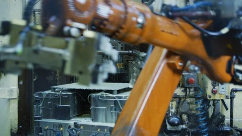 Robot Arm in High Tech Metal Production Plant - Computerized Steel Manufacturing Stock Footage 98697594