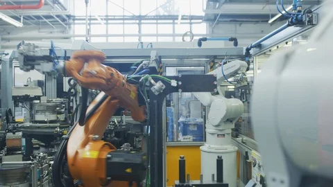 Robot Arm in High Tech Production Plant - Computerized Chip Manufacturing Stock Footage 98692518