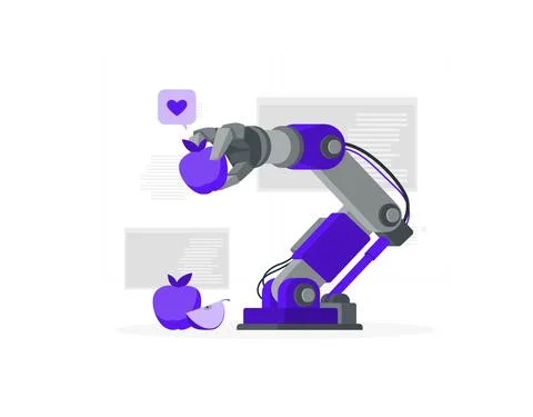 Robot arm holding apple flat design Stock Illustration