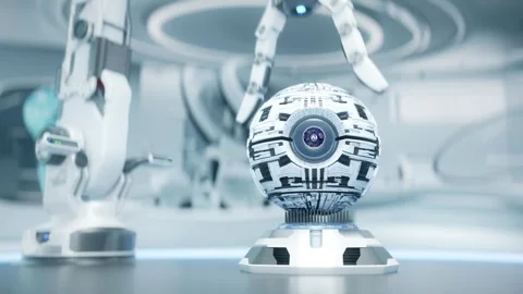 Robot arm holding artificial intelligence core Stock Footage 275042900