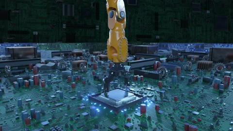 Robot Arm Installing Processor into the Circuit Board with Blue Signals Stock-Footage 89650459