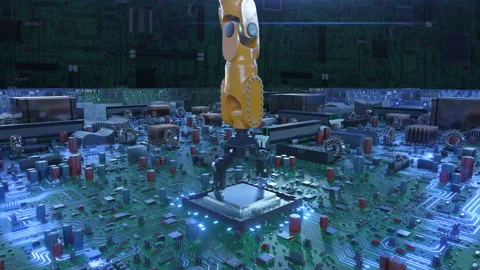 Robot Arm Installing Processor into the Circuit Board with Blue Lights Stock Footage 89651057