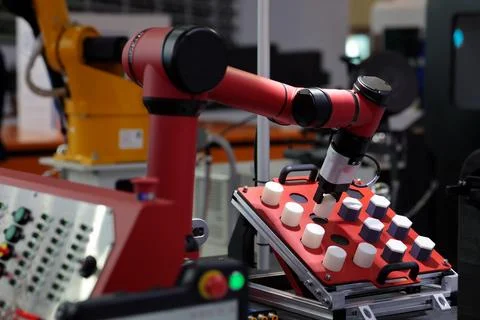 Robot arm manipulators in robotics training center Stock Photos
