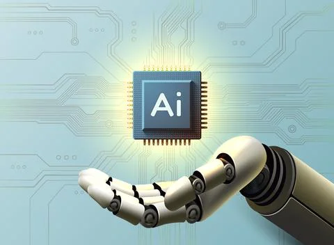 Robot arm with microchip, ai processor, microprocessor electronics. Vector Illustrazione stock