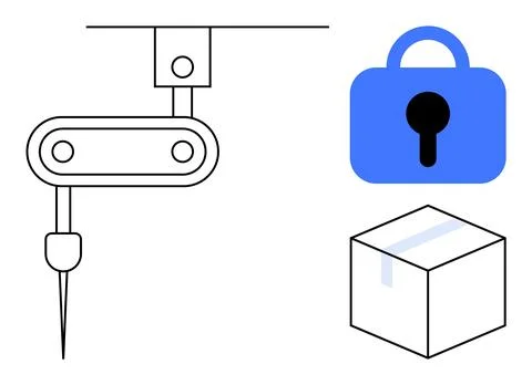 Robot arm with needle next to blue padlock and parcel box. Ideal for automati Stock Illustration