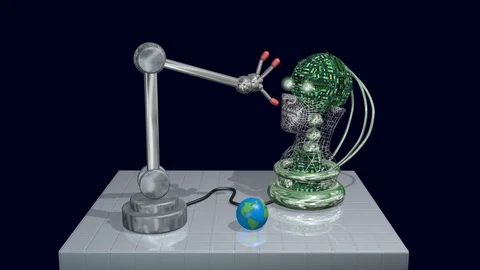 Robot arm opens, closes fingers, hand AI examines itself Stock-Footage 97556770