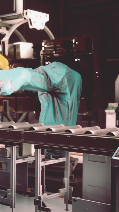 Robot arm operates on assembly line in factory during daytime Stock Footage 338344601