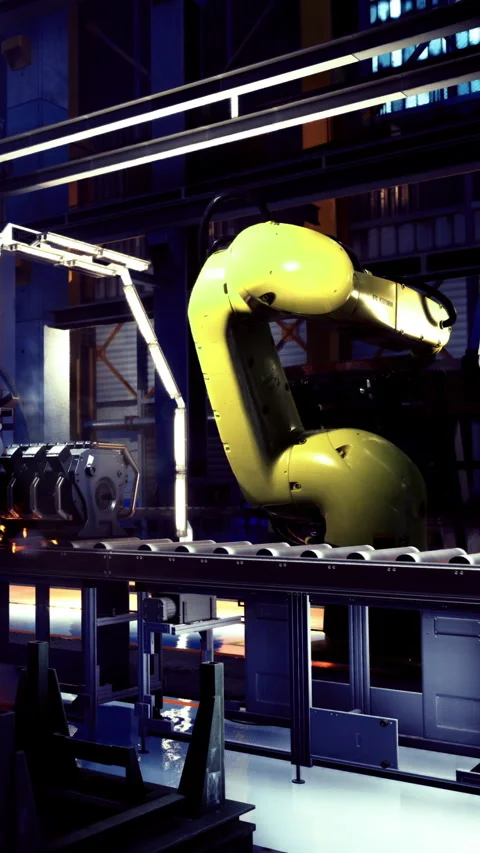 Robot arm operates on engine parts in a factory setting during daytime Video stock 331683437