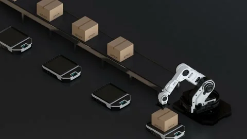 	 The Robot arm picks up the box to Autonomous Robot transportation in warehouse Stock Footage 166271438