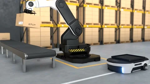 The Robot arm picks up the box to Autonomous Robot transportation in warehouses, Видео 166271477