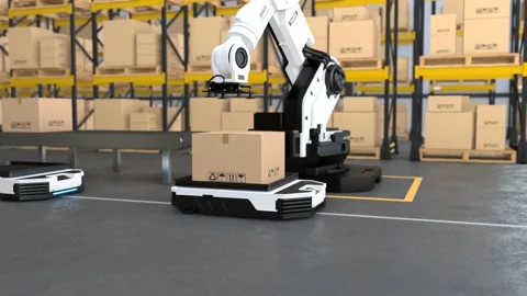 The Robot arm picks up the box to Autonomous Robot transportation in warehouses, Видео 166271498