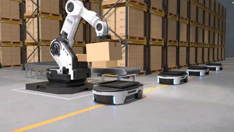 The Robot arm picks up the box to Autonomous Robot Stock Footage 230395268