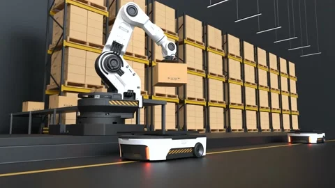 The Robot arm picks up the box for Autonomous Robot transportation in warehouses Stock Footage 238988124