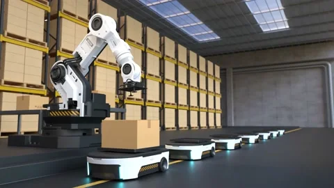 The Robot arm picks up the box for Autonomous Robot transportation in warehouses Stock Footage 238988352