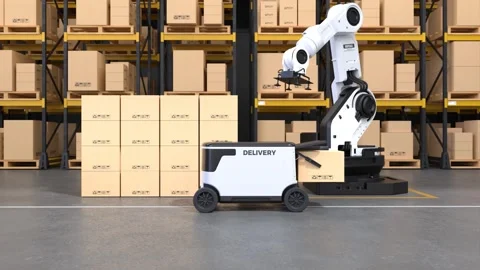 The Robot arm picks up the box Autonomous, Stock Footage 246339512