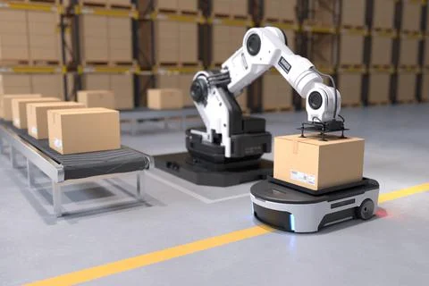 The Robot arm picks up the box to Autonomous Robot transportation in warehous Stock Illustration
