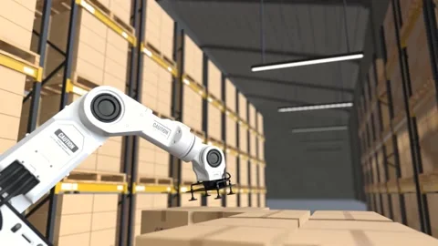 The Robot arm picks up the cardboard box in the warehouse, Automation robot arm  Видео 166271414