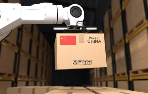 The Robot arm picks up the cardboard box Made in China, Automation robot arm  Stock Illustration