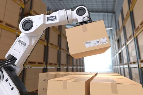 The Robot arm picks up the cardboard box in the warehouse, Automation robot a イラスト素材